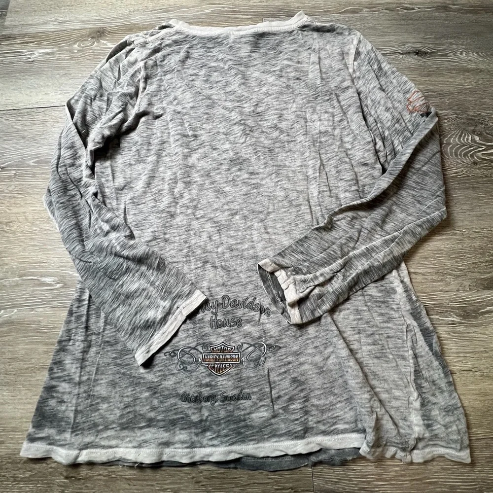 Harley-Davidson Shirt Womens Medium Grey Burnout Long Sleeve V-Neck Sweden Biker